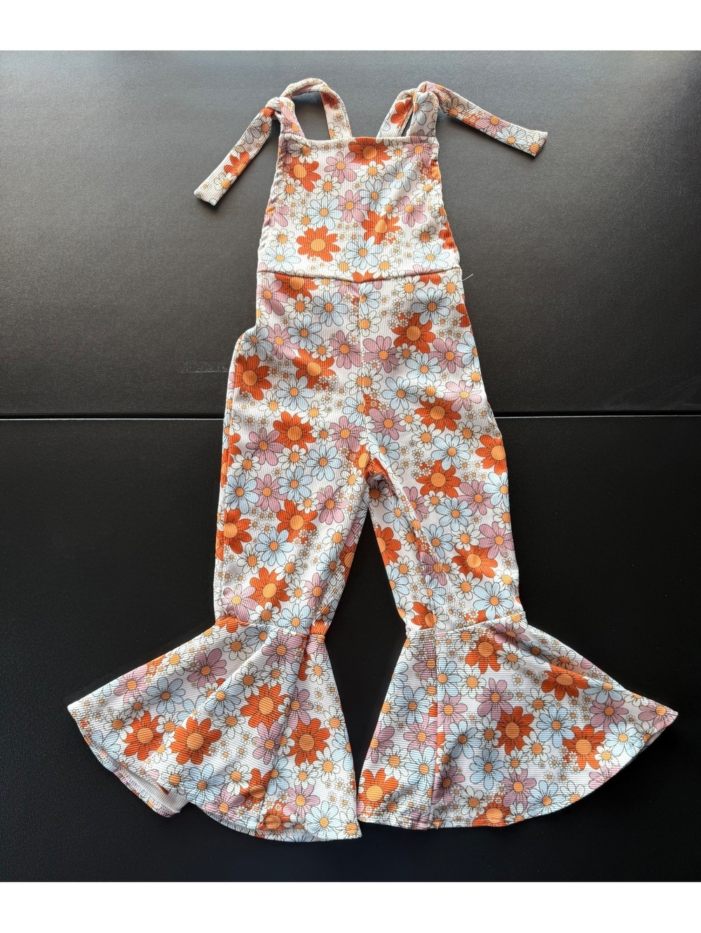 Girls Retro Floral Bell Bottom Jumpsuit Size 100 Boho 70s Daisy Overalls